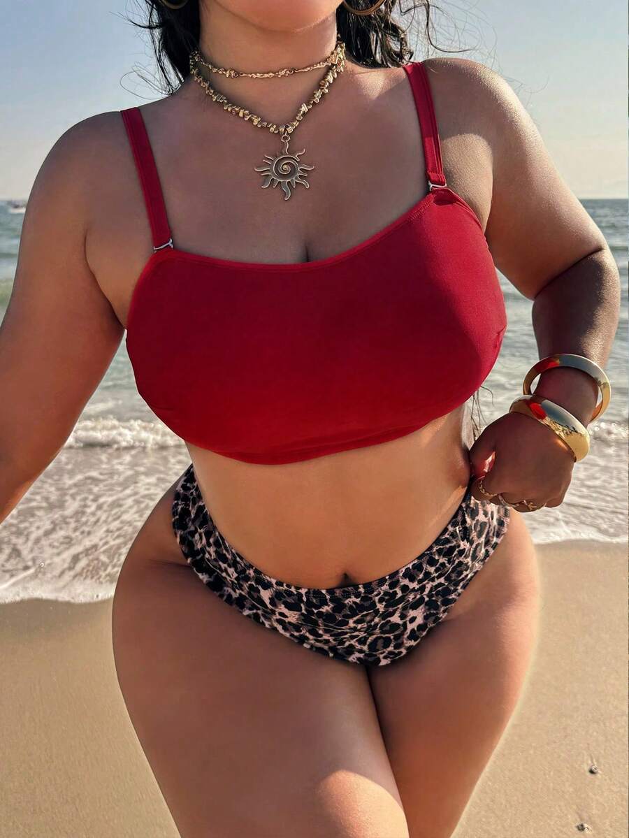 Swim SXY Plus Size Women Leopard Print Full Coverage Solid Color Sexy Swimwear - Multicolor - View 1