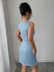 Elenzga Đầm mini nữ thanh lịch, lãng mạn, không tay, cổ tròn, màu đen trắng, dệt kim, đính ngọc trai, xẻ tà ôm sát, thích hợp cho dạo chơi mùa xuân, hẹn hò, tiệc tối, ngày Valentine. - Màu xanh bụi bặm - Xem 2