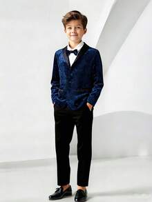 SHEIN Bộ vest 3 món Tween Boy màu xanh navy, quần đen cạp chun, áo sơ mi trắng, nơ, thích hợp cho tiệc sinh nhật, tiệc Giáng sinh, dịp trang trọng, biểu diễn, đám cưới, tiệc mừng em bé, lễ rửa tội, lễ kỷ niệm - Màu xanh lam - Xem 15