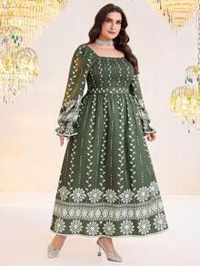 Al Najma Damen Große Größen Blumen Muster Quadratischer Ausschnitt Langarm Wickelkleid, eleganter arabischer Stil - Verschiedenfarbig - Übersicht 7