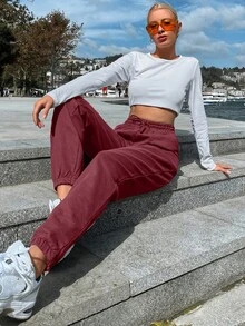 EURMUSE Women's Casual Solid Color Drawstring Waist Side Pocket Sweatpants Gym Burgundy Summer - Burgundy - View 6