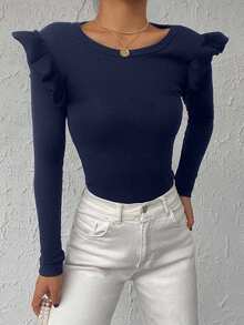 EURMUSE 95% Cotton Ribbed Knit Ruffle Trim Tee - Navy Blue - View 4