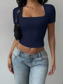 SHEIN BASICS Women's Navy Blue Square Neck Rib-Knit Top Casual Short Sleeve Regular Length Summer Tops - Navy Blue - View 5