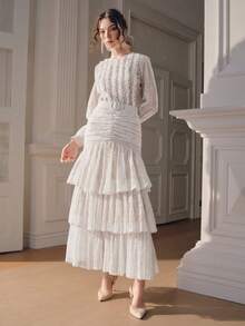 Anewsta 优雅白色蕾丝层叠长款连衣裙，女士适用 - 婚礼宾客及派对礼服 - 白色 - 查看 7