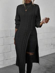 EMERY ROSE Casual Solid Color Stand Collar High Slit Sweater, Autumn/Winter - Black - View 3