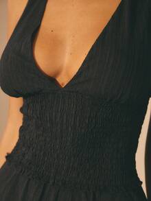 Aralina Women's Chic Luxury Elegant Deep V-Neck Shirred Waistband Cinched Waist Flowy Mini Dress Perfect For Christmas Party Outfits And New Years Party Outfits - Navy Blue - View 3