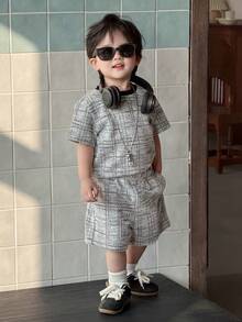 DAZY 2件套男婴韩版格子短袖休闲T恤短裤套装 夏季 - 杏色 - 查看 5