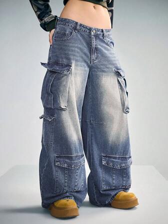 Grunge Punk Jeans anchos de mujer con lavado desgastado y estilo punk