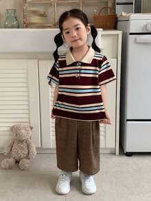 DAZY Baby Girls' Striped Short Sleeve Polo Shirt Spring - Coffee Brown - View 3
