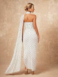 Lumalex Women's Elegant White Base Black Dot Sexy Strapless Ruched Slit Design Sleeveless Fitted Flared Dress, Spring/Summer - Black and White - View 3