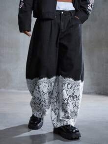 ROMWE MEN Street Life 男士拼接时尚休闲弯刀牛仔裤 - 黑色 - 查看 5