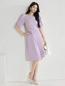 Heiryn Đầm tay cánh hoa thanh lịch, kiểu dáng thường ngày, có thắt lưng, thích hợp cho công sở mùa hè. - Hồng - Xem 6