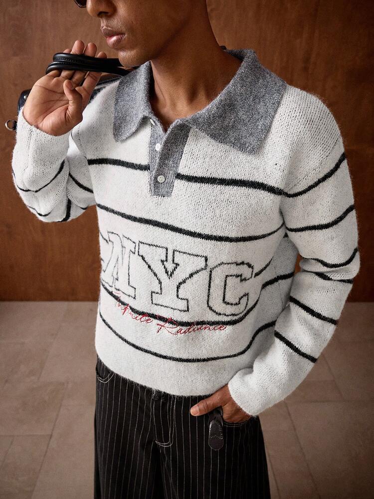 AKNOTIC Brand New Men's Polo Collar Striped Sweater, Comfortable & Fashionable Loose Casual