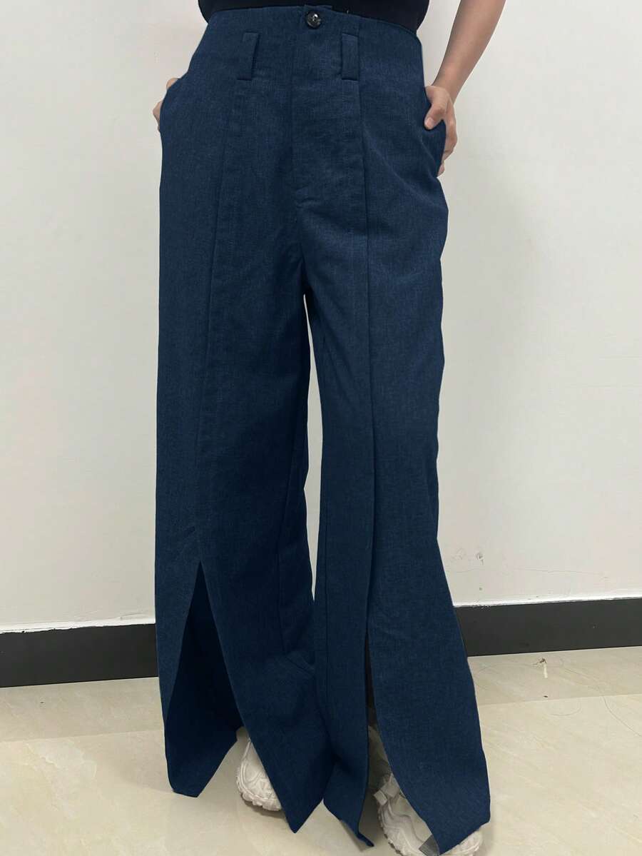 Chiquease Quần ống rộng xẻ tà thanh lịch màu trơn dành cho nữ - Màu xanh hải quân - Xem 1