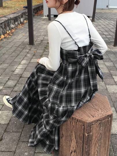 FRIFUL 女士休闲通勤格子蝴蝶结装饰吊带连衣裙