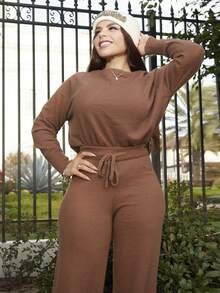 Lupita Cardoza Brown Sweater Fall Women Clothes Old Money Autumn Women's Solid Color Round Neck Raglan Sleeve Long Sleeve Sweater And Drawstring Waist Knit Pants Casual Suit Brown Two Piece Set Comfortable Two Piece Set, - Camel - View 4