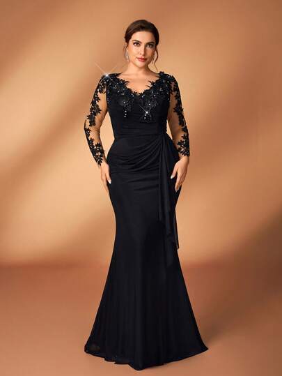 Serin Plus Size Elegant Luxurious Embroidered Lace Sheer Long Sleeve Elastic Knit Mesh Ruched Ruffle Mermaid Dress, Suitable For Weddings, Parties, Vacations, Galas, Bridal Shower