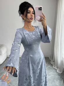 Yasmyna 女士优雅褶裥腰身A字长袖阿拉伯风格连衣裙，蓝色，秋冬款 - 藍色 - 查看 4