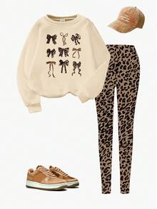 SHEIN 秋季套装 少女时尚创意可爱清新个性化豹纹蝴蝶结设计图案印花保暖舒适休闲套装 圆领卫衣+打底裤 两件套 - 彩色 - 查看 3