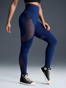 Powerista Quần legging thể thao cạp cao tối giản dành cho nữ, màu trơn, phối họa tiết khoét lỗ. - Màu xanh lam - Xem 4