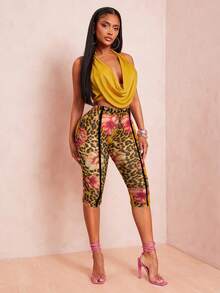 Radiana Bộ 2 món gồm áo croptop không tay cổ xếp ly hở lưng màu vàng mù tạt và quần legging cạp cao dài đến bắp chân họa tiết da báo, phong cách đường phố gợi cảm cho mùa xuân/hè. - Màu Mù tạt vàng - Xem 4