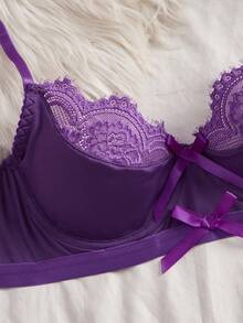 SHEIN 5件套女士性感内衣套装，包括蕾丝睫毛、钢圈、蝴蝶结装饰和及膝渔网袜 - 紫色 - 查看 9