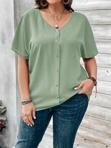EMERY ROSE Plus Size Women's Orange Button Embellished Short Sleeve Shirt For Spring - Green - View 3