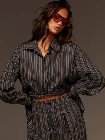 Athîral Women's Casual Black And Brown Striped Shirt And Shorts Two-Piece Set, Loose Fit, Striped Suit, Comfortable And Soft Woven Fabric, Suitable For Both Lounging At Home And Wearing Out,Casual Women Outfits,Home Set,Casual Outfit For Women,Vacation Outfits Women