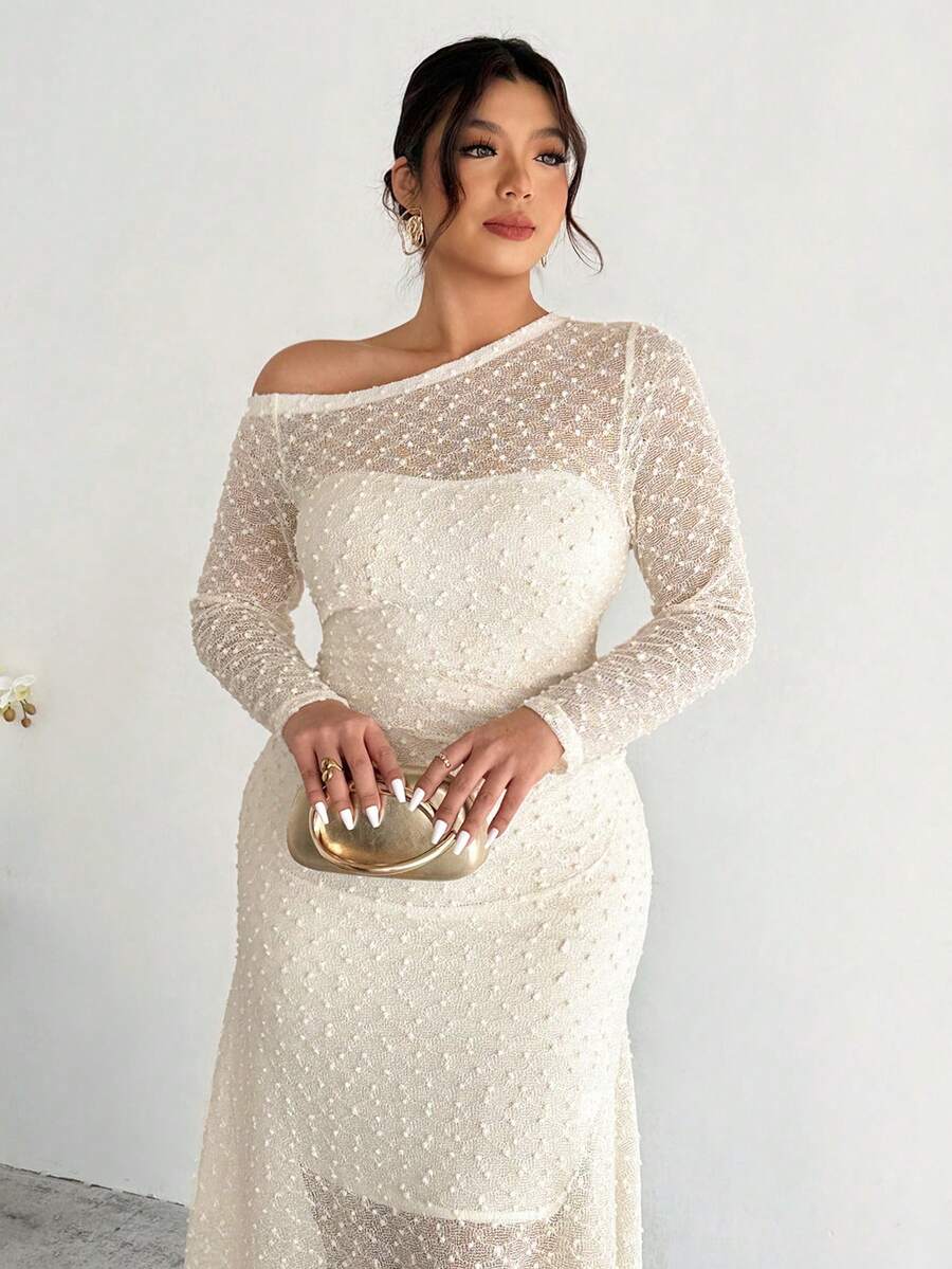 Firerie Plus Size Comfortable Casual Elegant Vacation One Shoulder Cold Shoulder Ruched Textured Stretchy Slimming Long Sleeve Dress For Women, Suitable For Spring, Summer, Autumn, Winter White One Shoulder Dress Dotted Swiss Dress Elegant One Sleeve Dress See Through Maxi Dress Spring Dress For Women Wedding Dress For Women - Apricot - View 1