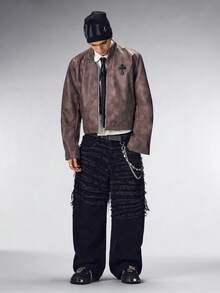 ROMWE MEN Street Life Men's Long Sleeve Zip Front Cross Graphic Embellished Punk Leather Jacket - Black - View 4