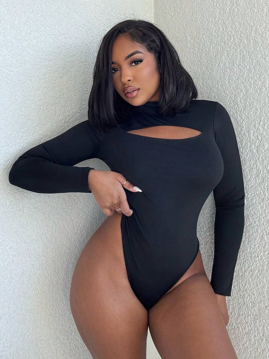Alexandranx Body de manga larga de unicolor y calado de moda - Negro - Ver 1