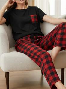 Conjunto de pijama a cuadros para mujer, ropa de Navidad y otoño, Manga Corta , perfecto para festividades , Comodo - Rojo - Ver 3