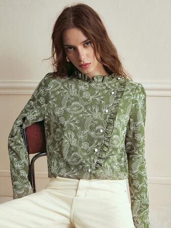 Écloséra 优雅荷叶边领长袖刺绣衬衫，适合日常穿着和通勤，春夏皆宜