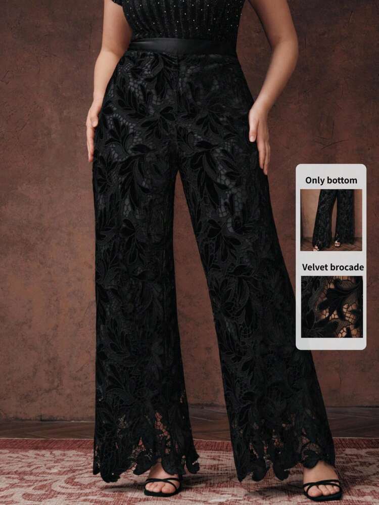 Women's Elegant Chic Formal Loose Fit Embroidered Sheer Lace Velvet Trousers, Suitable For Party, Work, Graduation, Wedding