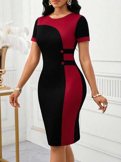 SHEIN Lady 大码女式撞色圆领收腰短袖派对连衣裙