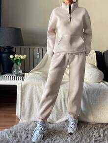 RueChic Half Zip Drop Shoulder Sweatshirt & Joggers - Apricot - View 3