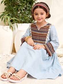 SHEIN Young Girls' Blue Print Patchwork Tassel Robe, Middle Eastern Holiday Party Outfit, Traditional Arabic Abaya Robe