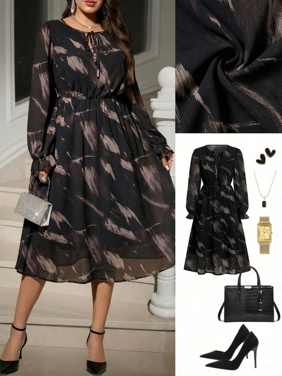 SHEIN Clasi Curvy Plus-Size Women's Fashionable, Elegant, And Romantic Flowy Chiffon Printed Long-Sleeved Fitted Waist Dress, Suitable For Various Occasions,Casual Long Dresses,Floral Dress For Women,Saudi National Day Clothing , Saudi National Day Dress, New Year Dress , New Year Women's Clothes , New Year Look ,Long Party Dresses , Elegant Dresses For Party , Curvy Party Dresses,Going Out ,Graduation Dress For Women ,Long Graduation Dress , Elegant Long Graduation Dress , Ball Gown , Prom Dresses For Women , Formal Ball Gowns For Women , Prom Dress Plus Size,Sparkly Dress ,Night Out,Date Night Outfits Women,Mother Of The Bride Dresses For Wedding,Formal Dresses For Women ,Luxury Dress,Chic Evening Dress,Civil,Party,2025 New,Elegant Party Dress,Long Party Dress ,Chic Dress ,Women's Formal Wear,Christmas,Christmas,Thanksgiving,Winter Dress ,Summer Dress, Women Dresses Autumn Winter