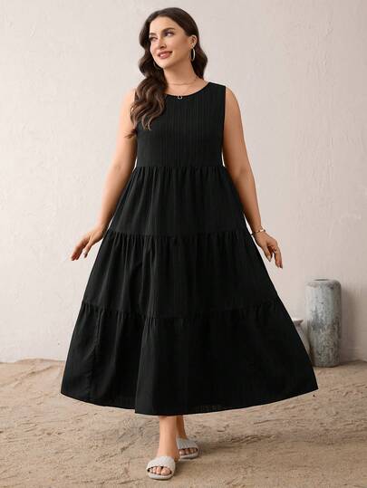 SHEIN Essnce Vestido largo negro sin mangas, holgado y cómodo, de uso diario y versátil, con bolsillos, para mujeres de talla grande, para primavera/verano, ropa de verano, atuendos de vacaciones, estilo sencillo