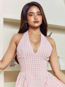 Criza Taa 女式系带格子休闲连衣裙 - 粉色 - 查看 7