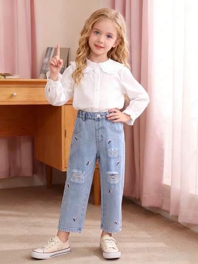 女童直筒牛仔裤，浅蓝色做旧水洗，花卉刺绣，休闲，宽松版型，松紧腰身，适合上学、派对、日常穿着、度假、通勤，秋季新品