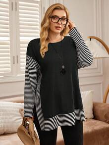 EMERY ROSE Plus Size Striped Patchwork Round Neck Drop Shoulder Side Slit Long Sleeve T-Shirt - Black - View 7