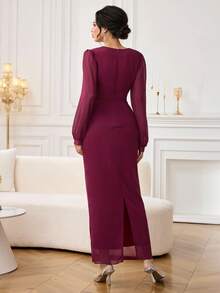 Modelyn 1 Set Women V-Neck Cinched Waist Top With Circular Ring Accent & Skirt, Red - Red - View 4