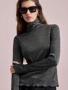 Ontre 女士亮面金属色高领长袖修身上衣，适合都市通勤、办公室、商务休闲、派对等场合，优雅夏季穿着。 - 黑色 - 查看 6