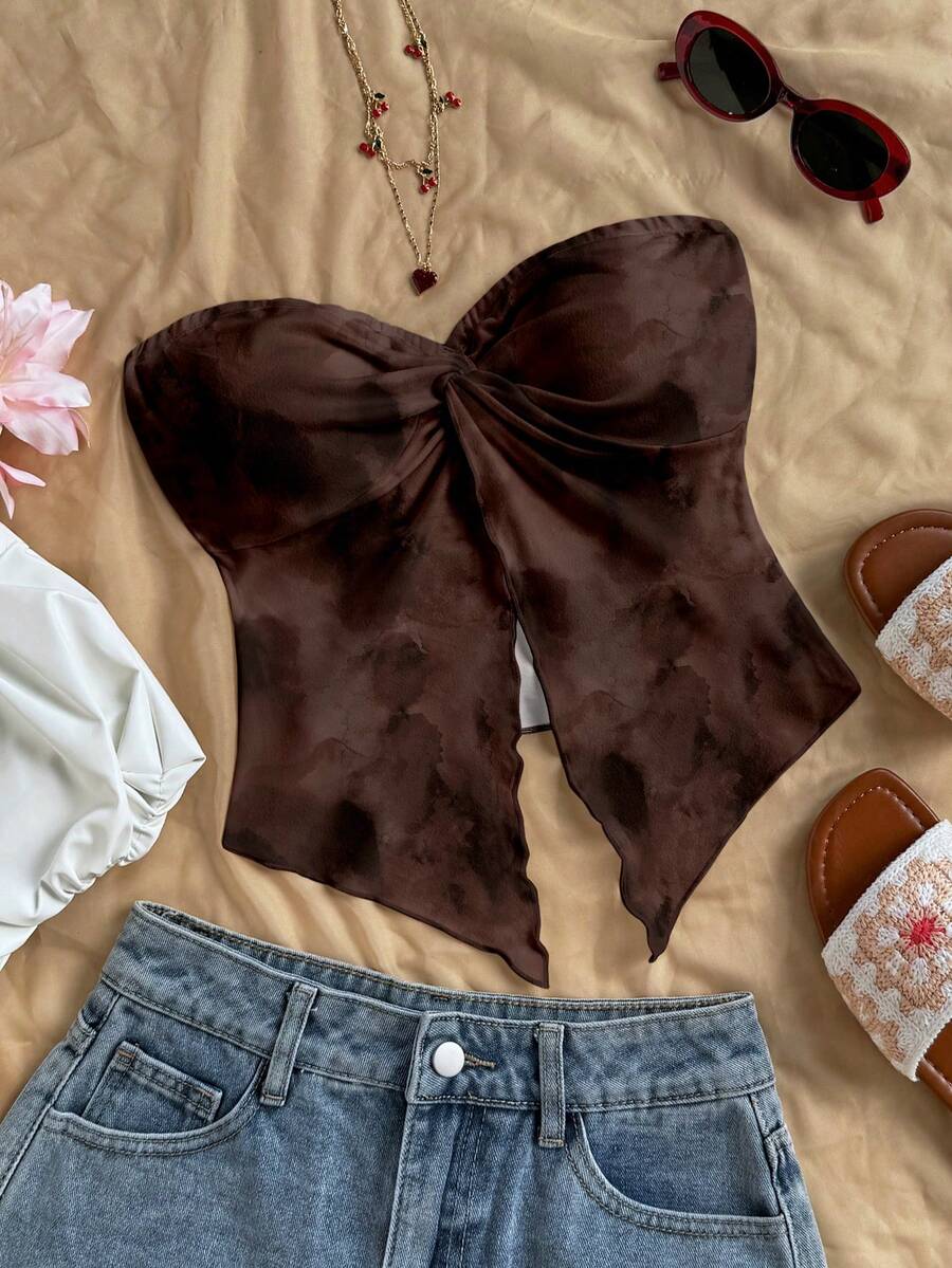 Soleia Women's Fashion Front Twist Asymmetric Hem Bandeau Top, Summer Vacation - Brown - View 1