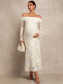 MaterniChic Elegant Off Shoulder Long Maternity Dress For Party Valentines Day Dress Elegant Dresses For Party Birthday Dress - Apricot - View 3