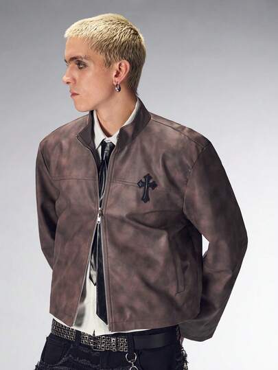 Street Life Chaqueta de cuero punk con cremallera frontal y gráfico cruzado bordado de manga larga para hombre