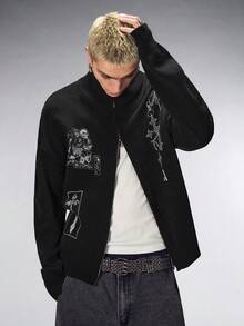 ROMWE MEN Goth Cardigan de punto con cuello de tripulación, cierre de cremallera, gráfico de cruz oscura y calavera, para hombre - Negro - Ver 8