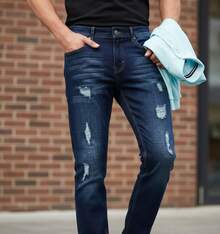 PANTALON PARA CABALLERO CORTE SLIM EN TONO AZUL MEDIO CON BIGOTES EN BOLSAS - Azul lavado oscuro - Ver 2