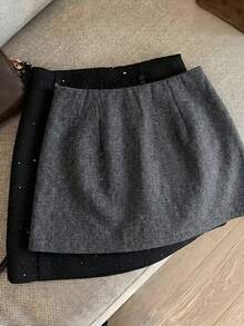 Franclia 灰色羊毛混纺亮片装饰高端时尚法式风格纽扣前开襟女装 - 深灰色 - 查看 2